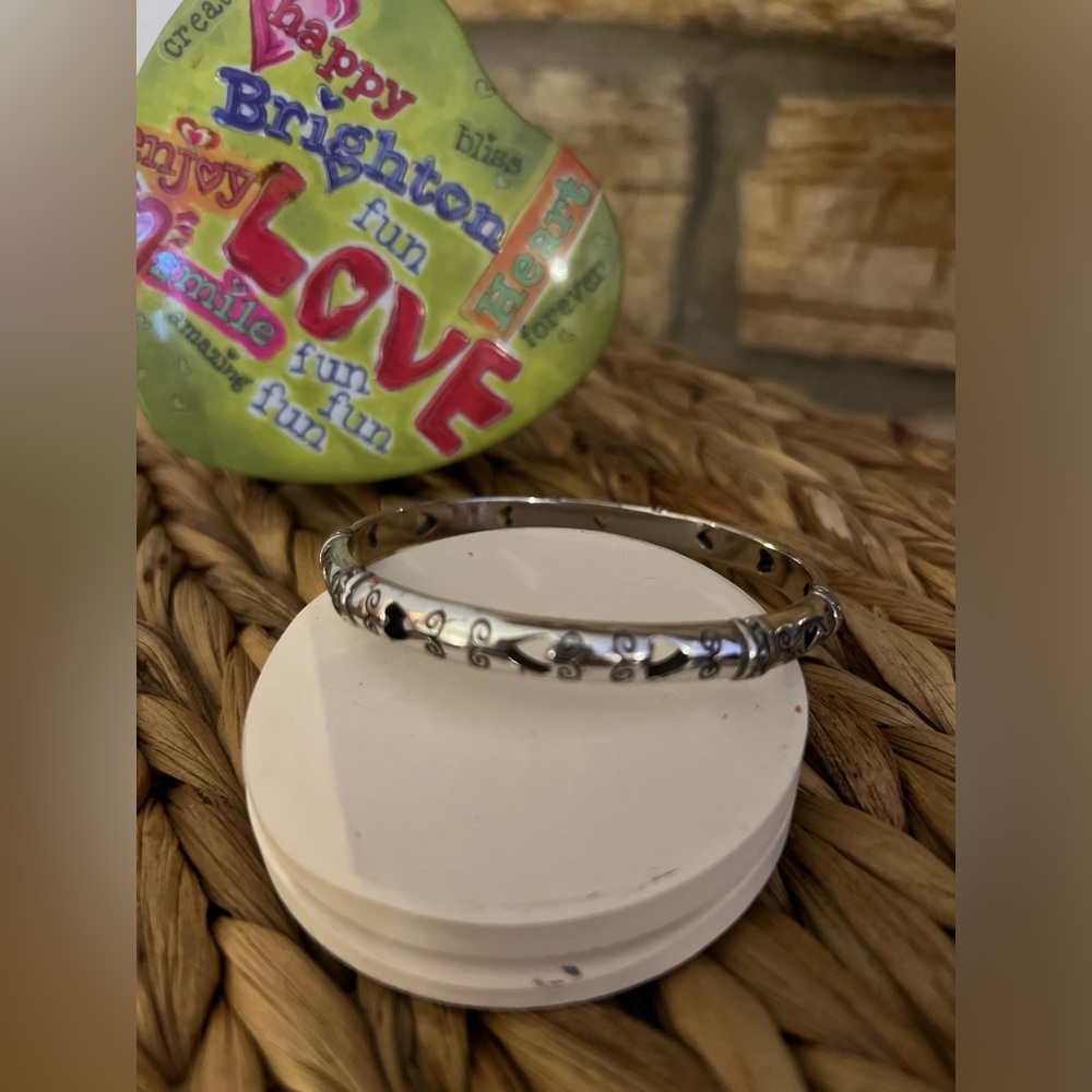 Brighton Silver Plated Bangle. Side Detail and Cut Out Heart Accents
